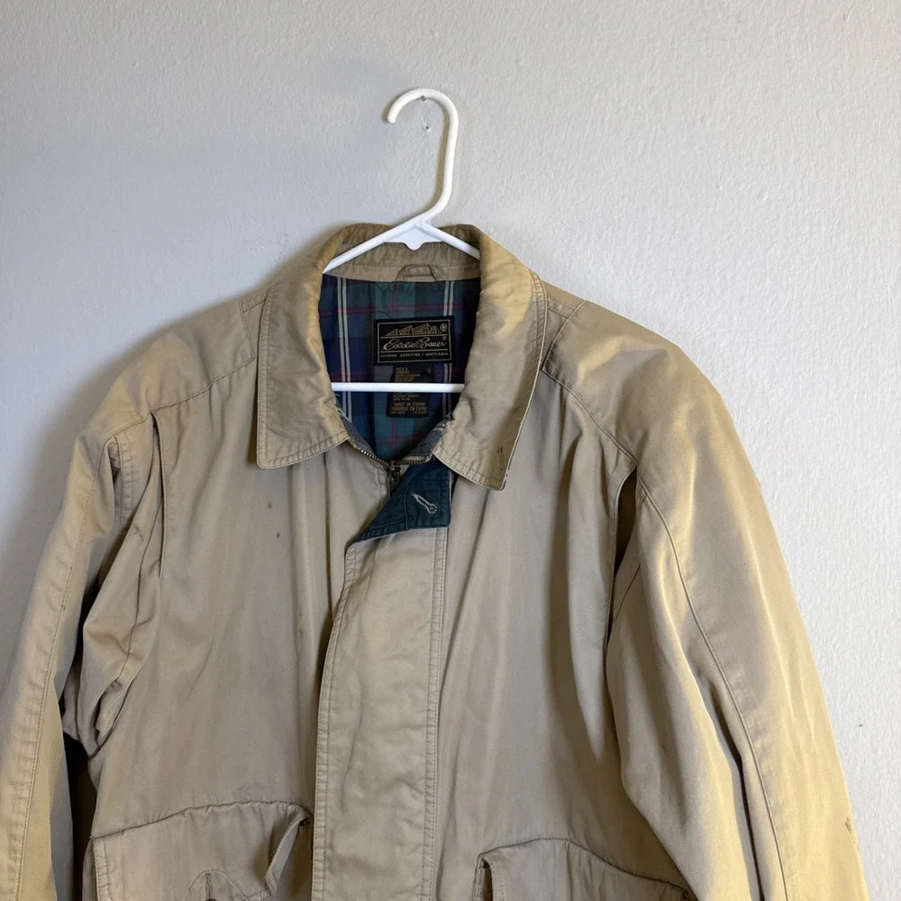 Vtg Eddie Bauer Sandstone Bomber Jacket Tan Plaid Lined Mens Large 90s Stained‎